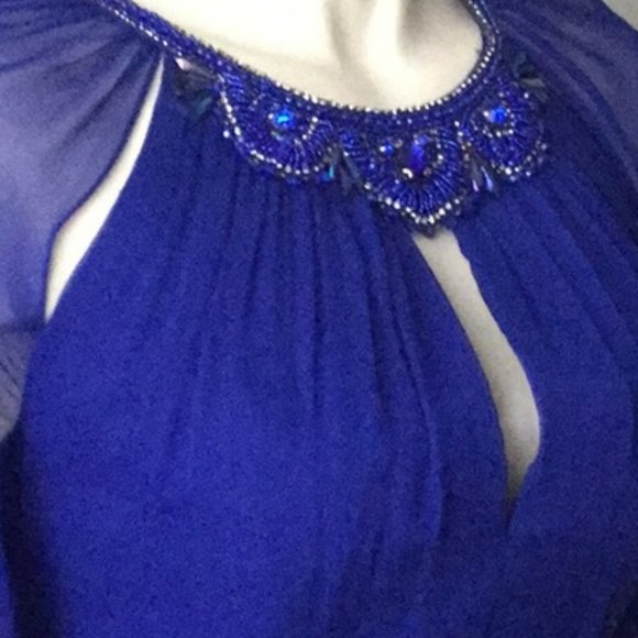 Teri Jon Royal Blue Silk Chiffon Embellished Long Sleeve Dress Size 12 - Picture 8 of 16